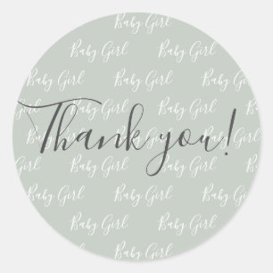 Sticker Rond Bébé Fille Vert Écriture Moderne du Cœur Merci