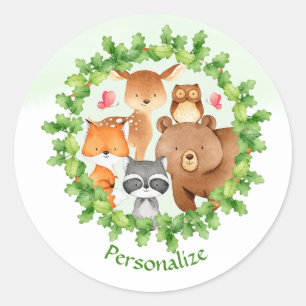 Sticker Rond Bébé Forêt Animaux Ours Raccoon Écureuil Anniversa