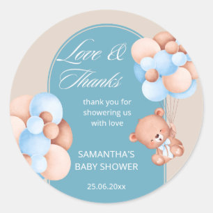 Sticker Rond Bébé garçon bleu beige ballons baby shower merci
