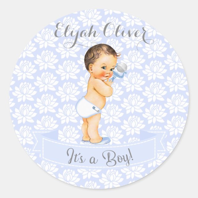 Sticker Rond Bébé garçon bleu blanc et gris (Devant)