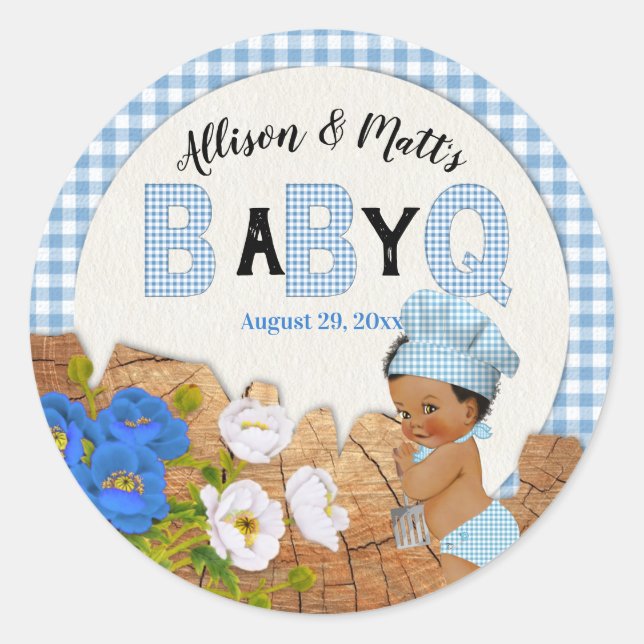 Sticker Rond Bébé garçon bleu gingham bois floral bébé Q classe (Devant)