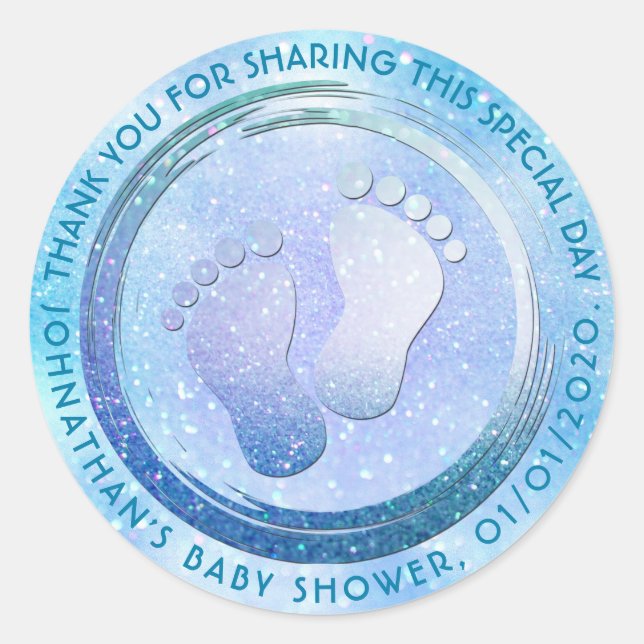 Sticker Rond Bébé Garçon Empreinte Baby shower brillant Favoris (Devant)
