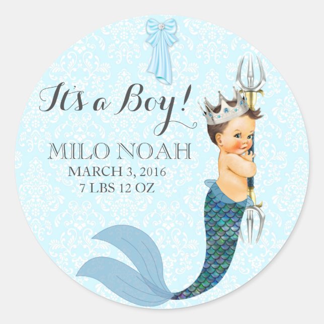 Sticker Rond Bébé Garçon Merman Merboy Prince Couronne (Devant)