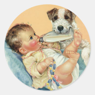 Sticker Rond Bébé garçon mignon vintage avec biberon et chiot