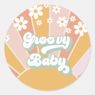 Sticker Rond Bébé Groovy Rétro Soleil Hippie Baby Shower