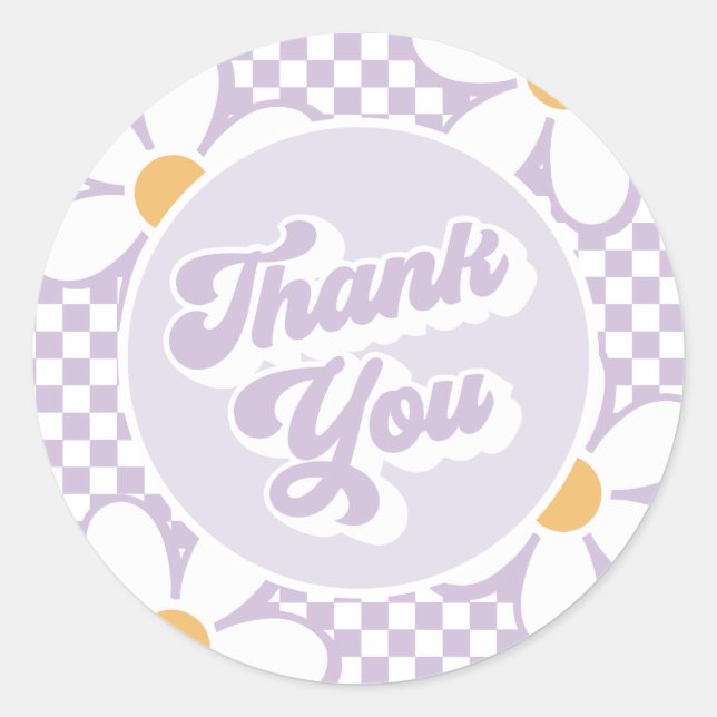 Sticker Rond Bébé Groovy Violet Daisy Checker Merci (Devant)