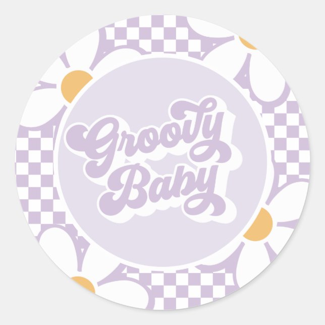 Sticker Rond Bébé Groovy Violet Daisy Damier (Devant)