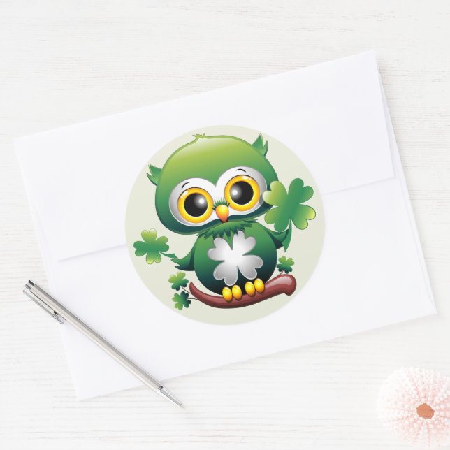 Sticker Rond Bébé Hibou Mignon St Patrick Dessin Animé (Enveloppe)