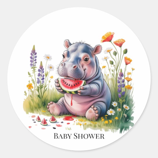 Sticker Rond Bébé Hippopotame Mignon Pastèque Baby Shower (Devant)