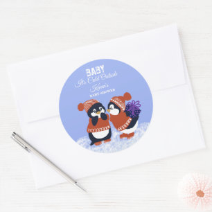 Sticker Rond Bébé hiver pingouin neige anniversaire Baby Shower