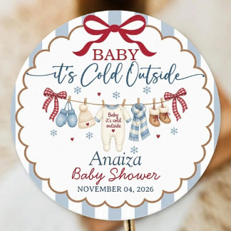 Sticker Rond Bébé il fait froid dehors Baby Shower Bleu Hiver