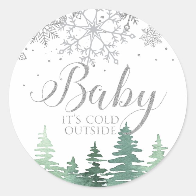 Sticker Rond Bébé il fait froid dehors flocons de neige et arbr (Devant)