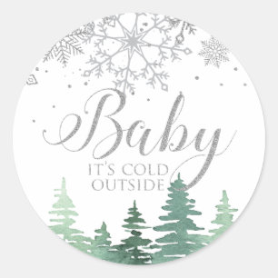 Sticker Rond Bébé il fait froid dehors flocons de neige et arbr