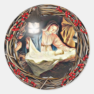 Sticker Rond Bébé Jésus et Noël de nativité de Vierge Mari
