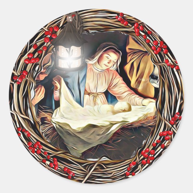 Sticker Rond Bébé Jésus et Vierge Marie Nativité Noël (Devant)
