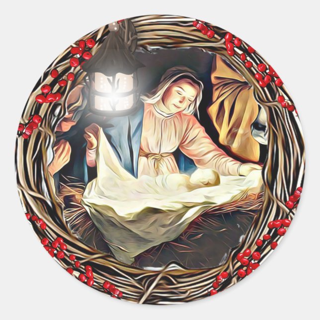 Sticker Rond Bébé Jésus et Vierge Marie Nativité Noël (Devant)