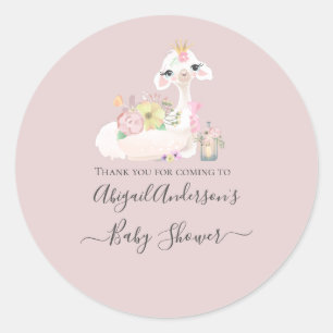 Sticker Rond Bébé lama avec des fleurs blanches et roses Adorab