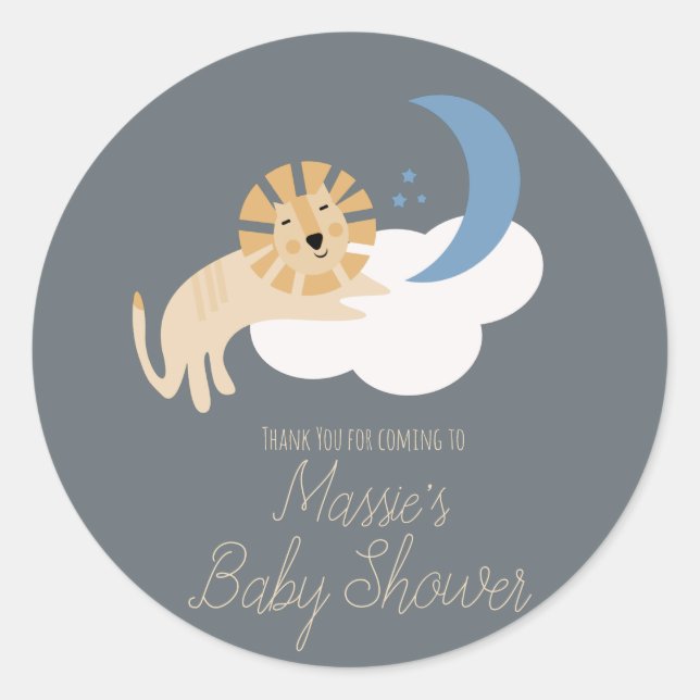 Sticker Rond Bébé Lion Mignon Nuage de Lune Shower de Bébé (Devant)