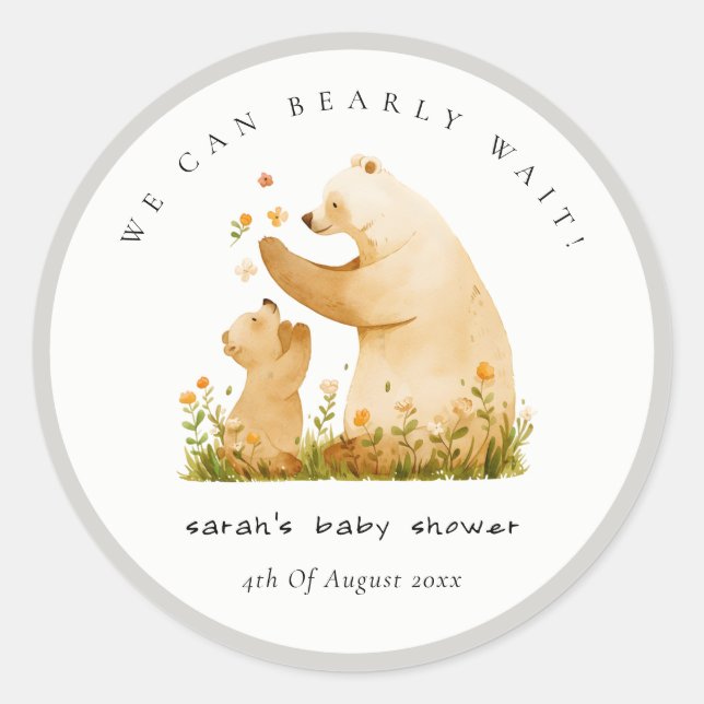 Sticker Rond Bébé maman Bearly Wait Floral Neutal Baby shower (Devant)