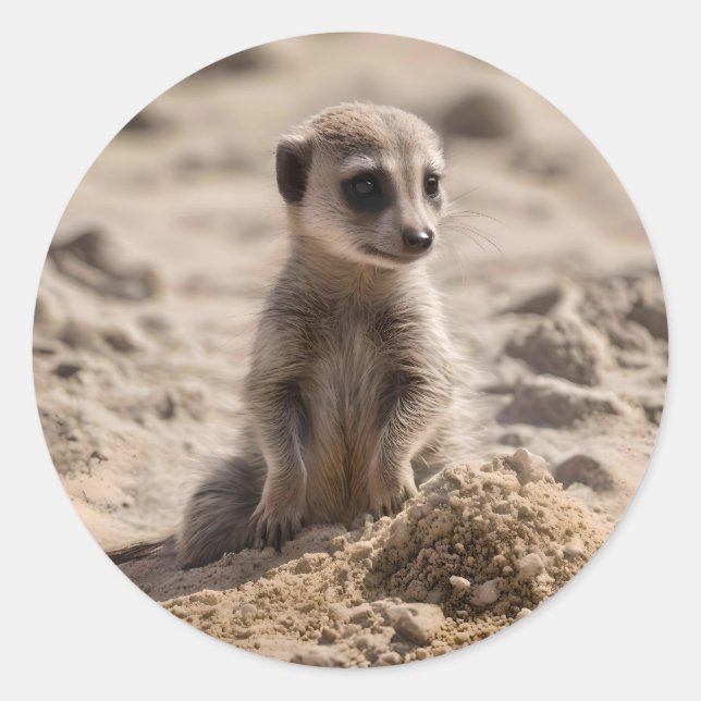 Sticker Rond Bébé Meerkat Jouant Dans Le Sable, (Devant)