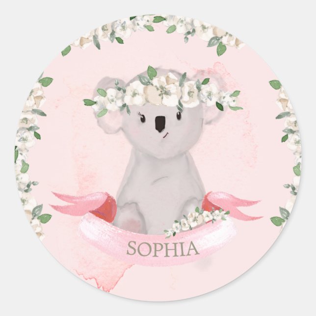 Sticker Rond Bébé mignon animal Koala rose florale (Devant)