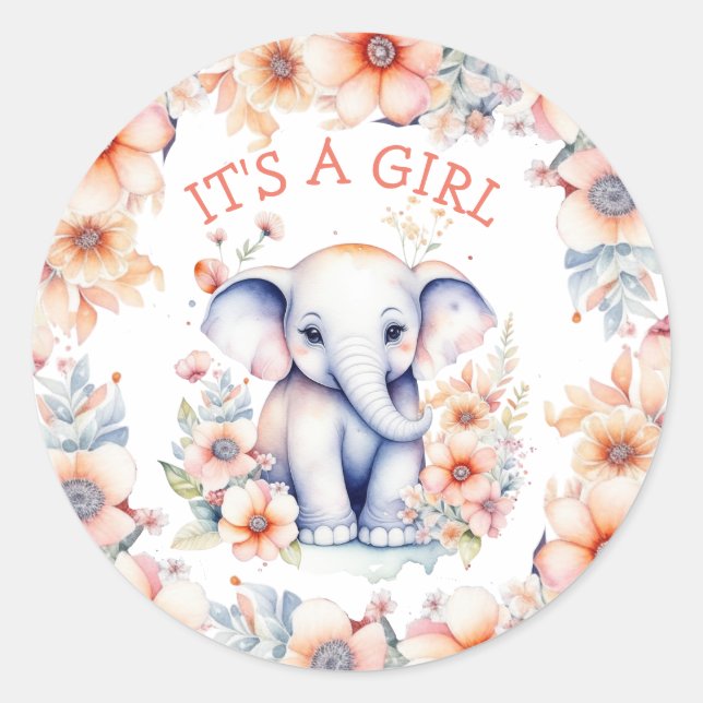Sticker Rond Bébé mignon Baby shower de fille d'éléphant (Devant)