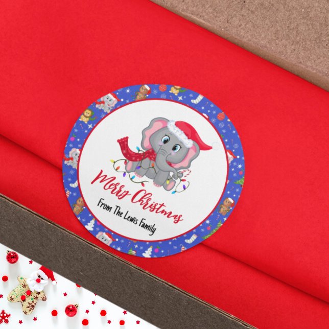 Sticker Rond Bébé mignon éléphant avec Zoo Joyeux Noël (Créateur téléchargé)