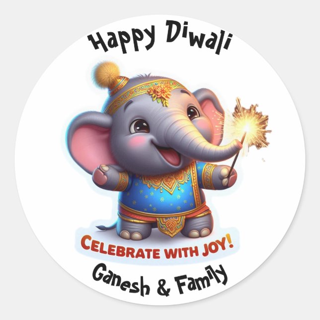 Sticker Rond Bébé mignon éléphant en tenue festive Diwali (Devant)
