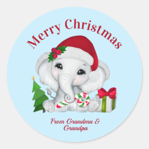 Sticker Rond Bébé mignon éléphant Joyeux Noël bleu