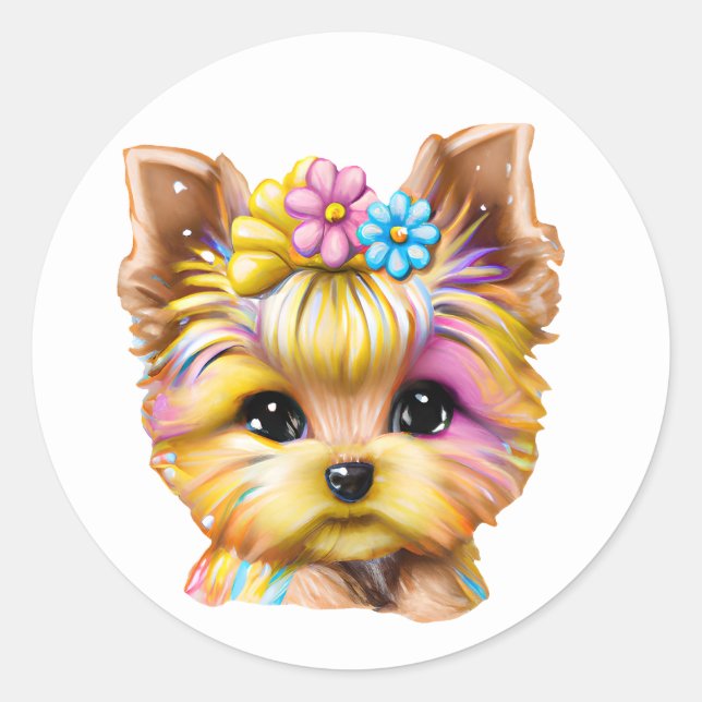 Sticker Rond Bébé mignon et adorable Yorkie (Devant)