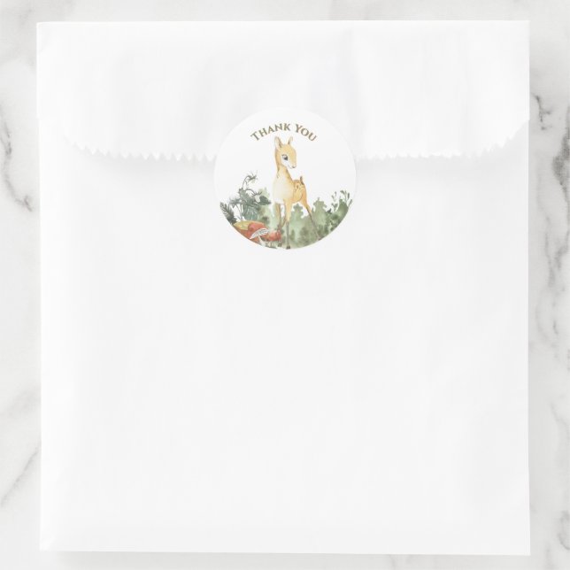 Sticker Rond Bébé Mignon Faon Remerciement Thème Forêt (Sac)