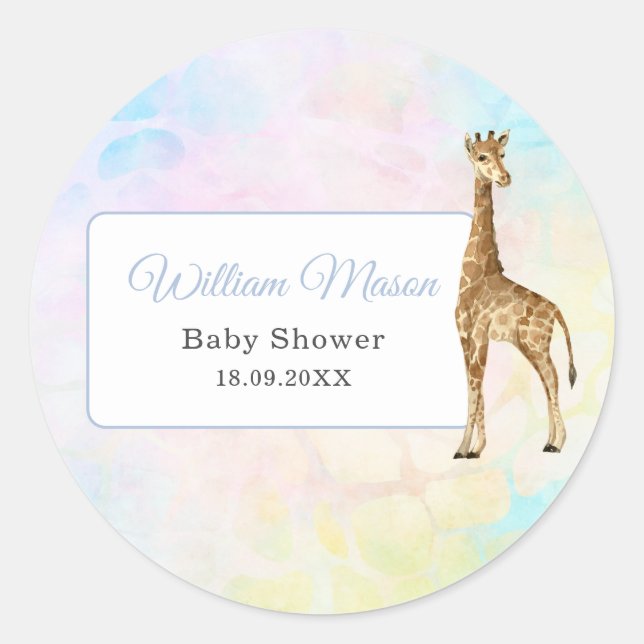 Sticker Rond Bébé mignon Giraffe Baby shower bleu sauvage (Devant)