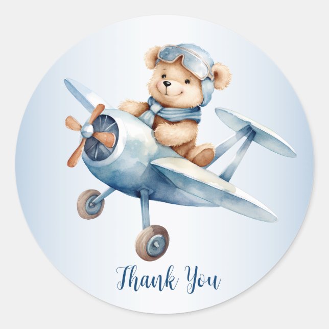 Sticker Rond Bébé mignon Ours Pilote Avion Bleu Beau (Devant)