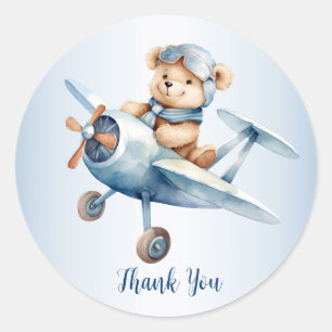 Sticker Rond Bébé mignon Ours Pilote Avion Bleu Beau