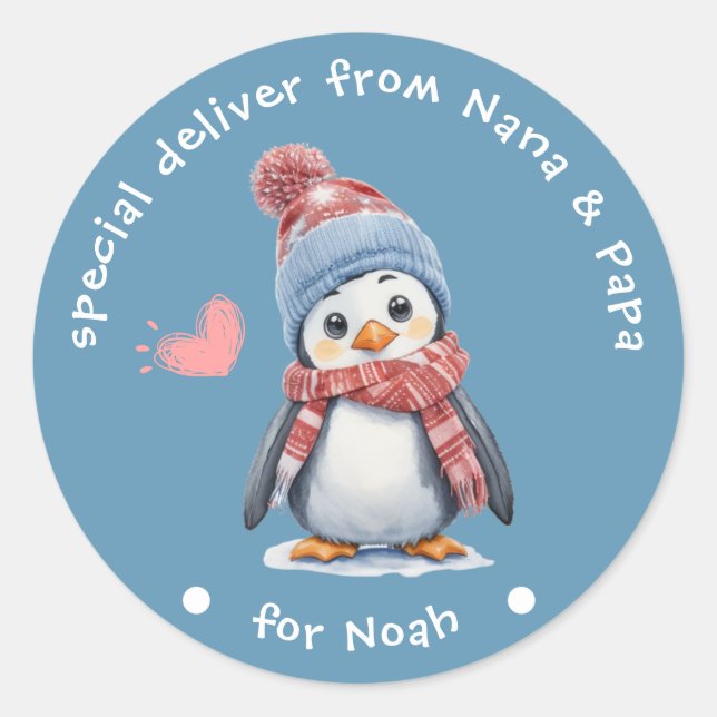 Sticker Rond Bébé mignon Penguin Bleu Noël pour les enfants vac (Devant)
