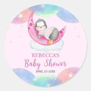 Sticker Rond Bébé mignon Pingouin Baby shower rose