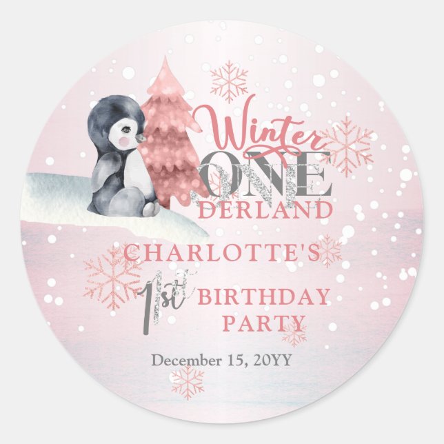 Sticker Rond Bébé mignon Pingouin hiver ONE derland 1er anniver (Devant)