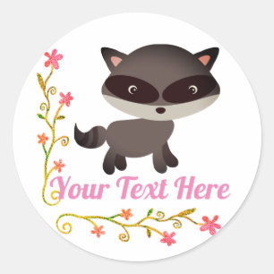 Sticker Rond Bébé mignon Raccoon avec fleurs