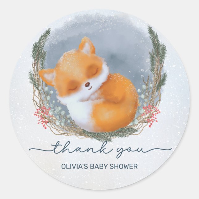 Sticker Rond Bébé mignon renard neige Baby shower d'hiver Merci (Devant)