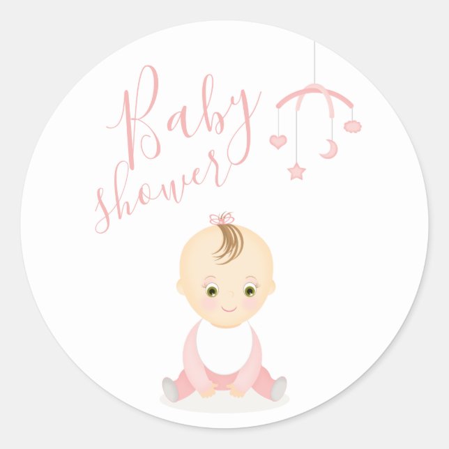 Sticker Rond Bébé mignonne fille et son Baby shower mobile (Devant)