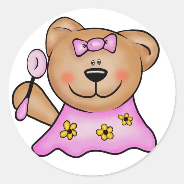 Sticker Rond Bébé mignonne Fille Teddy Ours en rose (Devant)