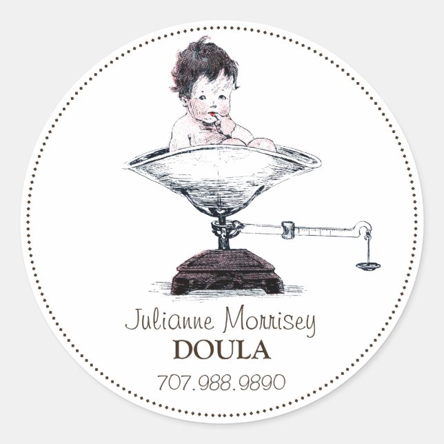 Sticker Rond Bébé Mignonne Sur L'Échelle Mini-Femme Ou Doula Bu (Devant)