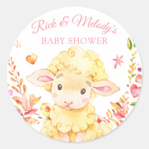 Sticker Rond Bébé Mouton / Agneau Baby shower de fille rose