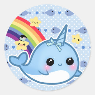 Sticker Rond Bébé narval mignon avec arc-en-ciel et étoiles