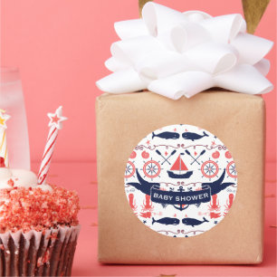 Sticker Rond Bébé Nautique Garçon Douche Coral Marine Baleine O