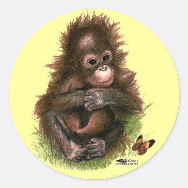 Sticker Rond Bébé orang-outan et papillon (Devant)