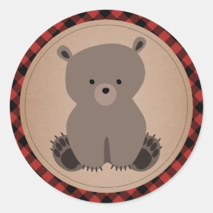 Sticker Rond Bébé Ours Cub Baby shower Plaid