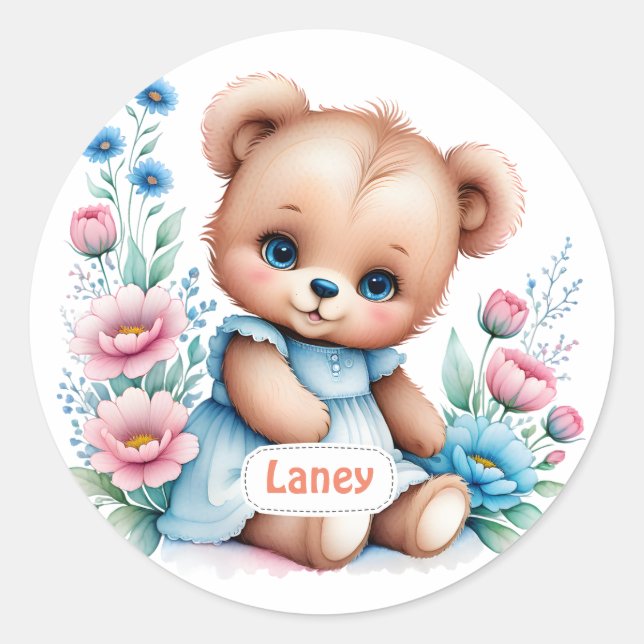 Sticker Rond Bébé Ours en peluche avec des fleurs d'aquarelle (Devant)