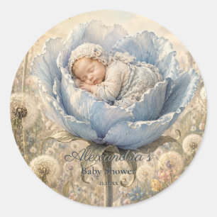 Sticker Rond Bébé personnalisé pour la douche de bébé Fleur de 
