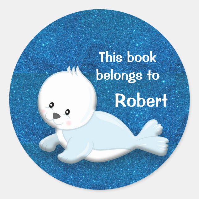 Sticker Rond Bébé Phoque Blanc Mignon sur Bleu Pailleté (Devant)